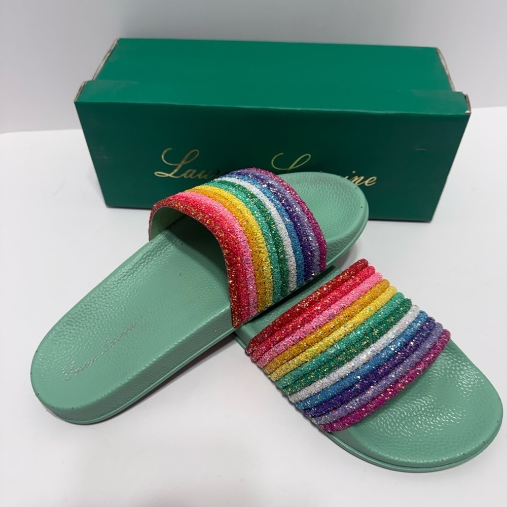 Lauren Lorraine Green Rainbow Glitter Slide Sandals, These are unisex! Sz 11